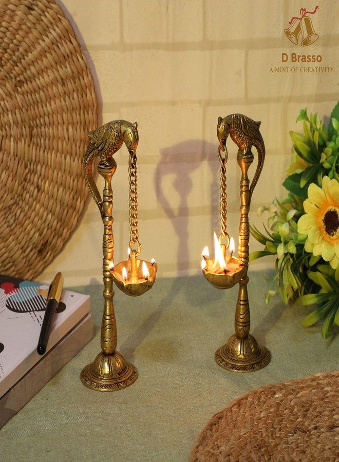 D Brasso Brass Pair of Hanging Diyas | Parrot Inspired Design Oil Lamps | Antique Finish Traditional Pooja Décor | Set of 2 - Image 4